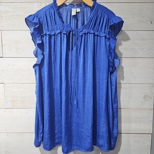 Joie 2X Royal Blue Flutter Sleeve V-neck Tie Ruffle Shirt Silky 2XL XXL